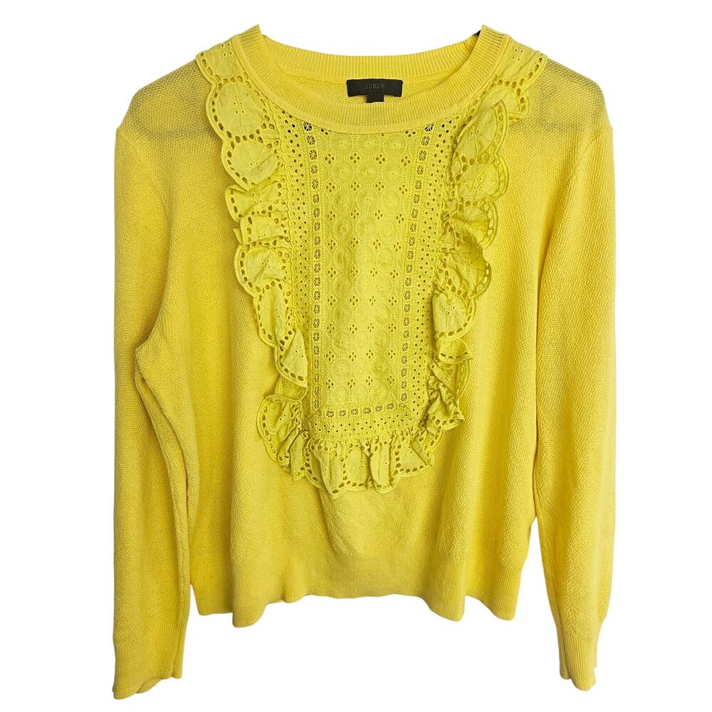 J. Crew Womens Summerweight Cotton Eyelet Sweater Size L Ruffle Preppy Cottage